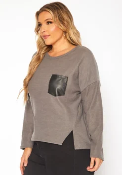 Plus Size Faux Leather Pocket Hem Sweater -Asoph Fashion Shop 2019209 749 2