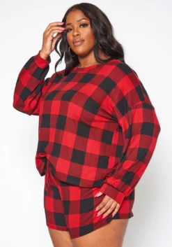 Plus Size Checker Plaid Lounge Two Piece Set -Asoph Fashion Shop 2019216 110 2
