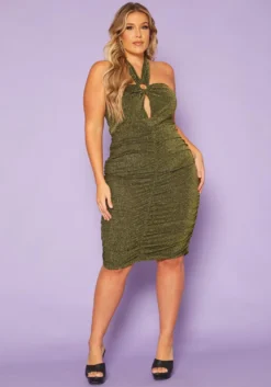 Plus Size Golden Shimmer Halter Neck Midi Dress