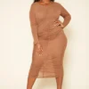 Plus Size Ruched Mesh Bodycon Midi Dress