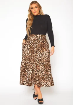 Plus Size Leopard Print Flare Maxi Skirt