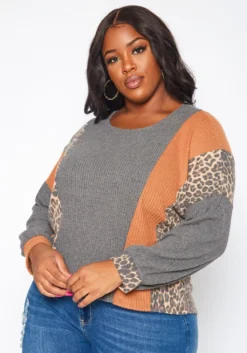 Plus Size Leopard Color Block Knit Sweater