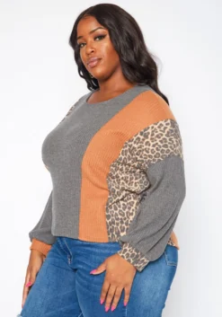 Plus Size Leopard Color Block Knit Sweater -Asoph Fashion Shop 2019263 128 2