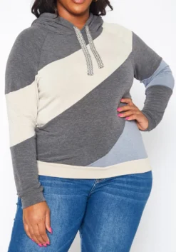 Plus Size Color Block Hooded Sweater