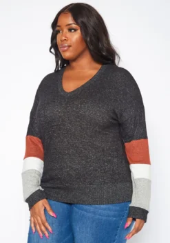 Plus Size Color Block Long Sleeve Sweater -Asoph Fashion Shop 2019276 108 2