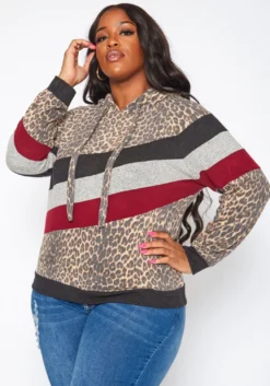 Plus Size Leopard Print Color Block Hooded Sweater