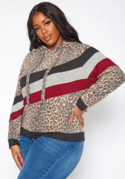 Plus Size Leopard Print Color Block Hooded Sweater -Asoph Fashion Shop 2019277 361 2
