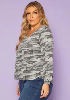 Plus Size Camo Print Long Sleeve Top -Asoph Fashion Shop 2019280 354 2