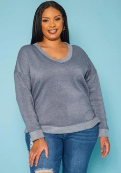 Plus Size Casual V Neck Long Sleeve Top