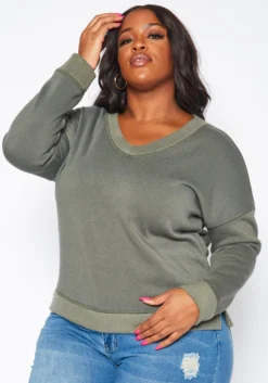 Plus Size Casual V Neck Long Sleeve Top