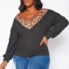 Plus Size Floral Print V Neck Long Sleeve Top