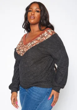 Plus Size Floral Print V Neck Long Sleeve Top -Asoph Fashion Shop 2019283 108 2