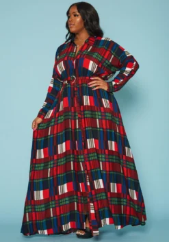 Plus Size Plaid Button Front Collar Maxi Dress -Asoph Fashion Shop 2019312 128 2