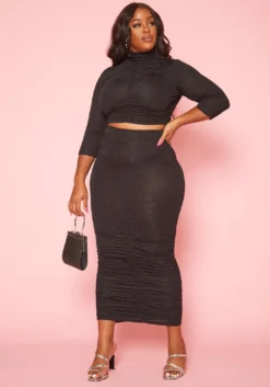 Plus Size Ruched Mock Neck Top & Maxi Skirt Set