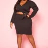 Plus Size Long Sleeve Wrap Blouse & Pencil Skirt Set