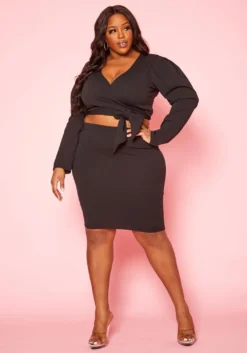 Plus Size Long Sleeve Wrap Blouse & Pencil Skirt Set