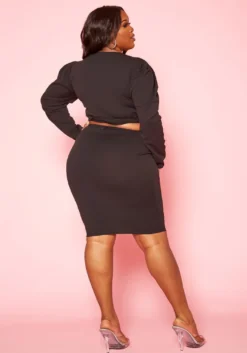 Plus Size Long Sleeve Wrap Blouse & Pencil Skirt Set -Asoph Fashion Shop 2019332 001 3
