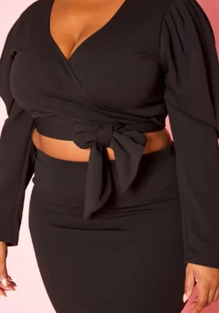 Plus Size Long Sleeve Wrap Blouse & Pencil Skirt Set -Asoph Fashion Shop 2019332 001 4
