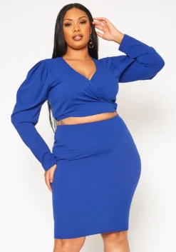 Plus Size Long Sleeve Wrap Blouse & Pencil Skirt Set