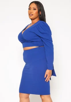Plus Size Long Sleeve Wrap Blouse & Pencil Skirt Set -Asoph Fashion Shop 2019332 188 2