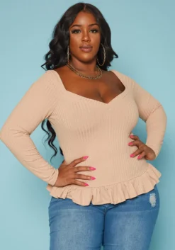 Plus Size Ribbed Knit Ruffle Flare Shirt