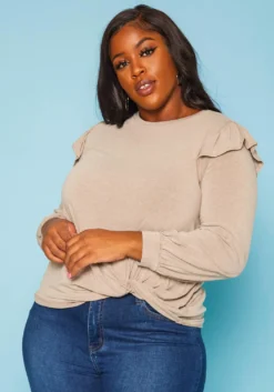 Plus Size Ruffle Trim Long Sleeve Top