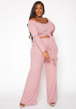 Plus Size Ribbed Knit Long Sleeve Top & Pants Set