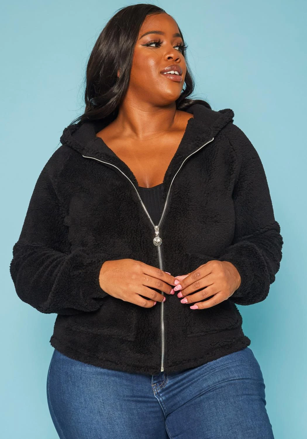 Plus Size Faux Fur Hooded Zip Front Sweater 2 Plus Size Faux Fur Hooded Zip Front Sweater - Image 2