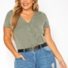 Plus Size Ribbed V Neck Short Sleeve Bodysuit