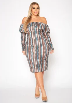 Plus Size Multi Striped Off Shoulder Dress