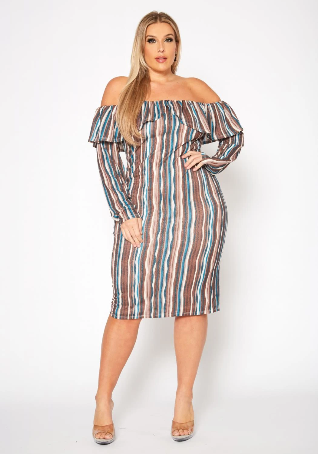 Plus Size Multi Striped Off Shoulder Dress 2 Plus Size Multi Striped Off Shoulder Dress - Image 2