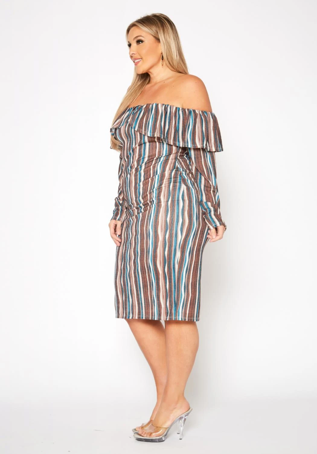 Plus Size Multi Striped Off Shoulder Dress 3 Plus Size Multi Striped Off Shoulder Dress - Image 3
