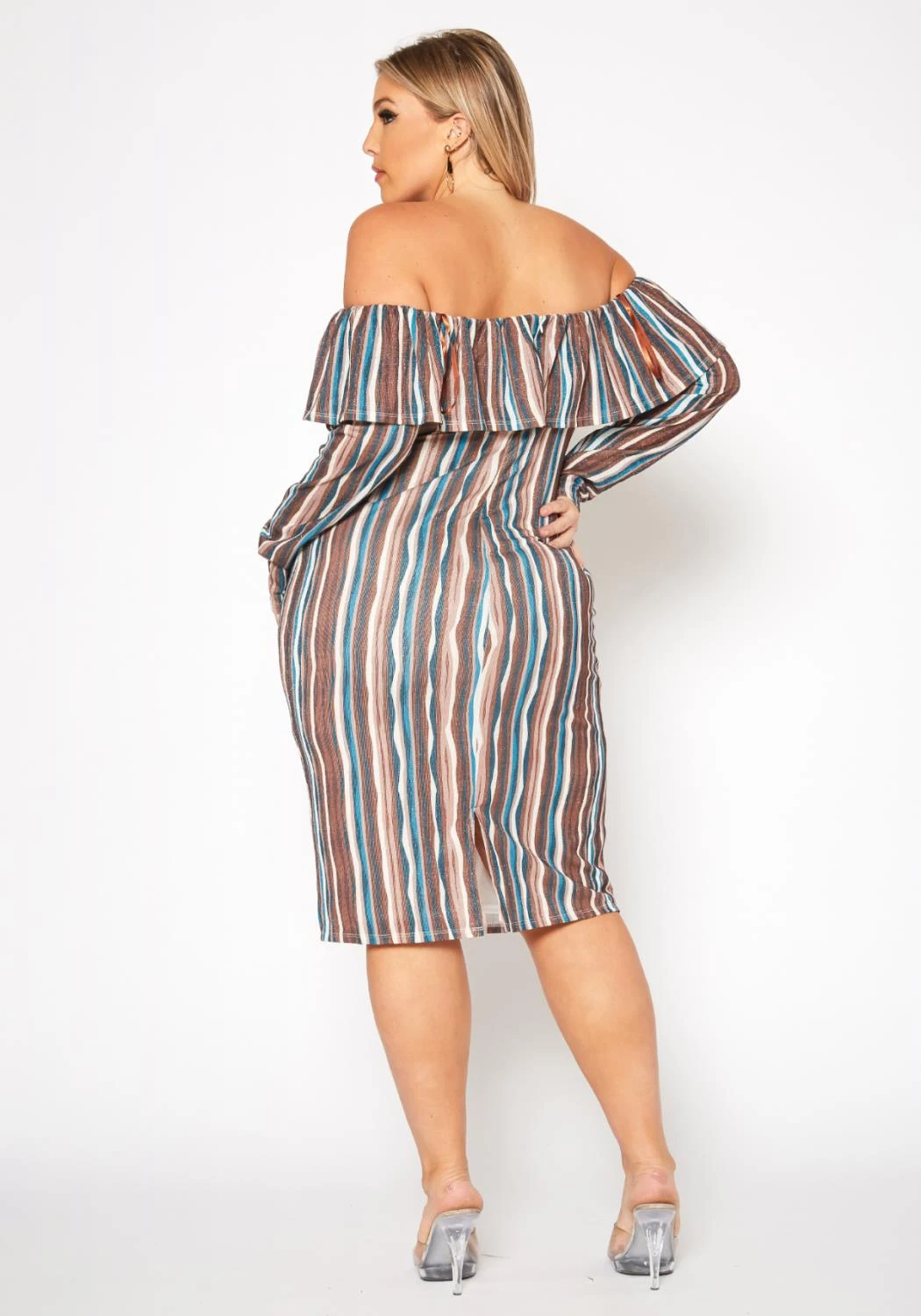 Plus Size Multi Striped Off Shoulder Dress 4 Plus Size Multi Striped Off Shoulder Dress - Image 4