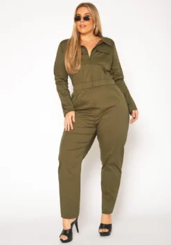 Plus Size Olive Cargo Jumpsuit