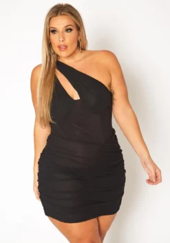 Plus Size Bustier Asymmetric Sleeve Mini Dress
