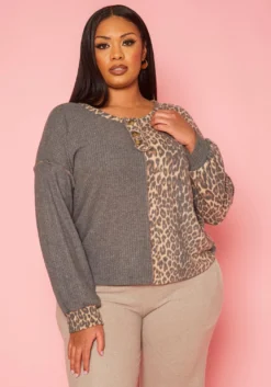 Plus Size Leopard Splice Knitted Shirt