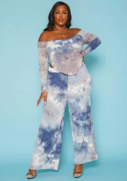 Plus Size Multi Print Crop Top & Flare Pants Set