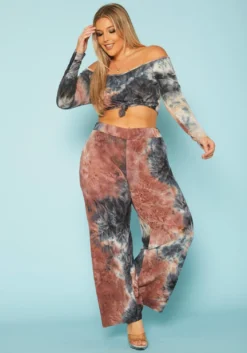 Plus Size Multi Print Crop Top & Flare Pants Set