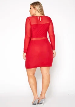 Plus Size Mesh Contrast Long Sleeve Mini Dress -Asoph Fashion Shop 2019619 110 2