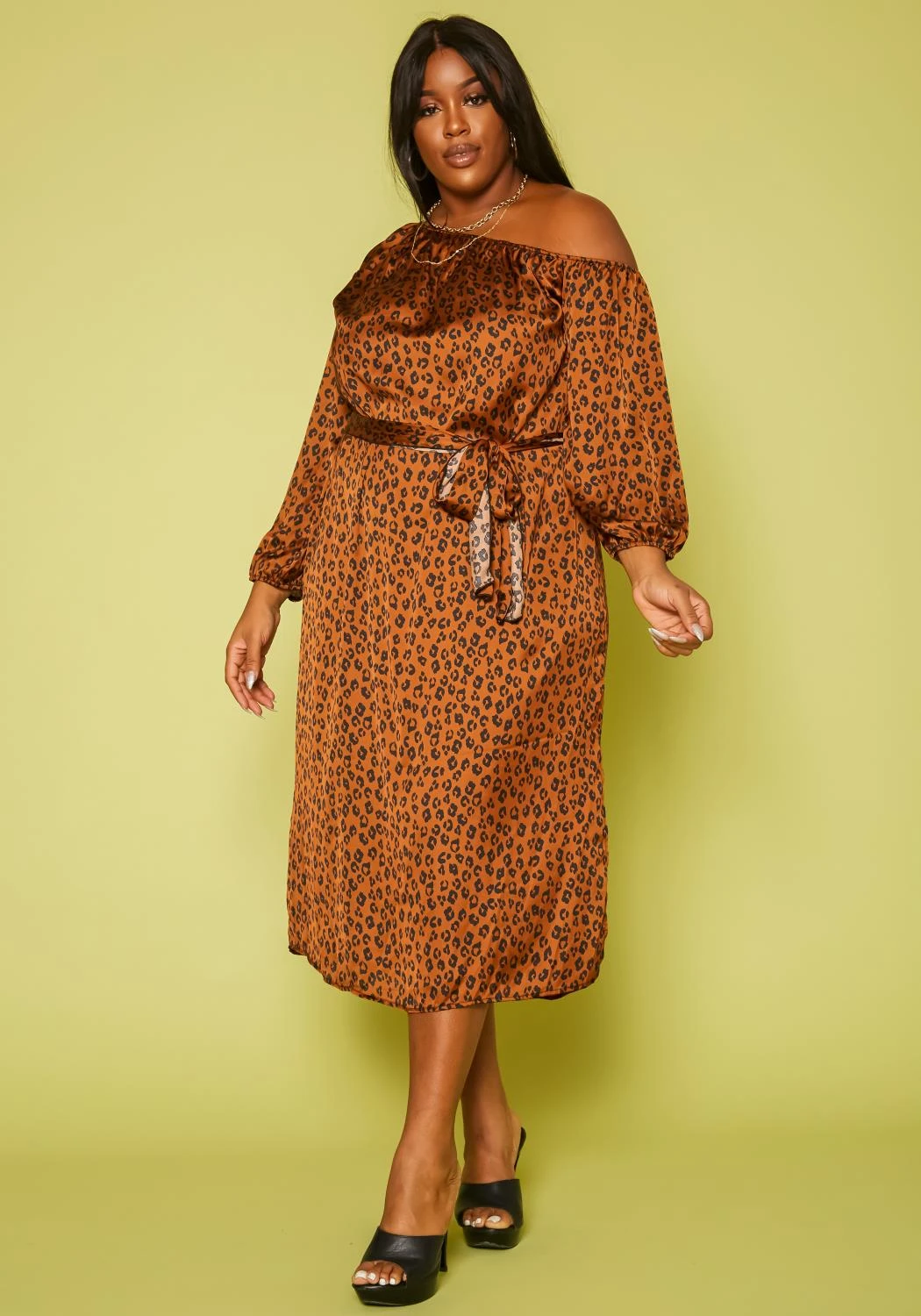 Plus Size Leopard Print Belted Satin Midi Dress 2 Plus Size Leopard Print Belted Satin Midi Dress - Image 2