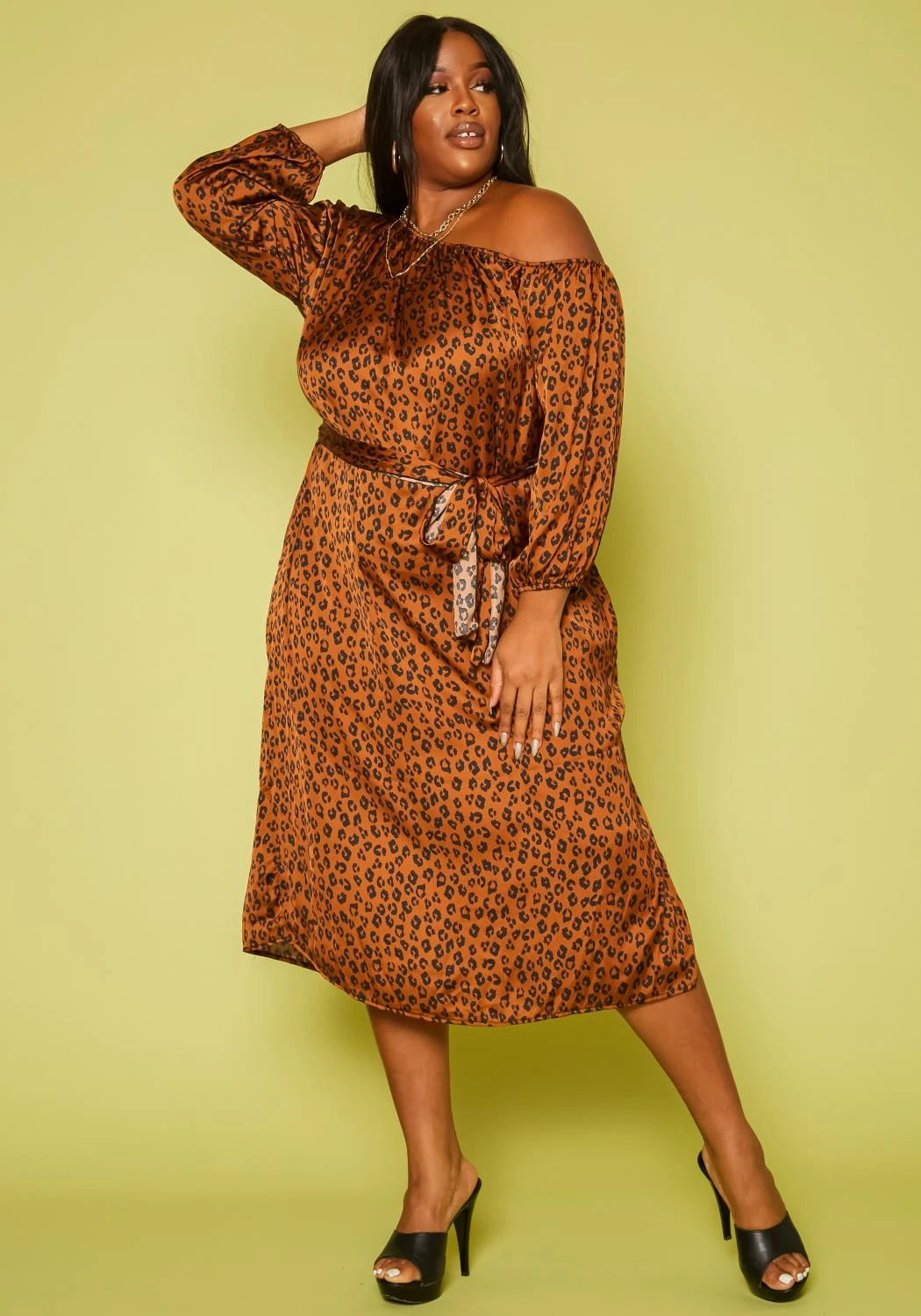 Plus Size Leopard Print Belted Satin Midi Dress 1 Plus Size Leopard Print Belted Satin Midi Dress