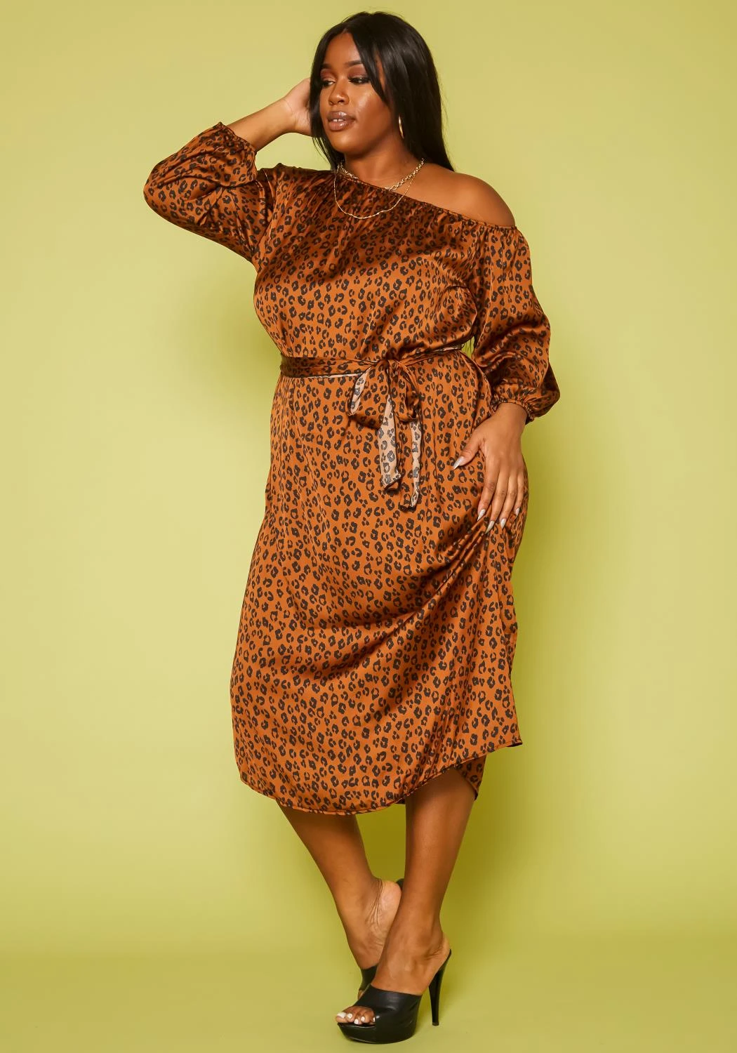 Plus Size Leopard Print Belted Satin Midi Dress 3 Plus Size Leopard Print Belted Satin Midi Dress - Image 3