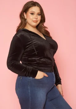 Plus Size Velvet Zip Front Hooded Sweater -Asoph Fashion Shop 2019632 001 2