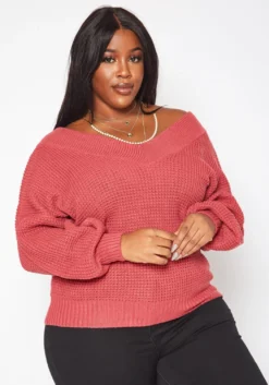 Plus Size Waffle Knit Dolman Sleeve Sweater