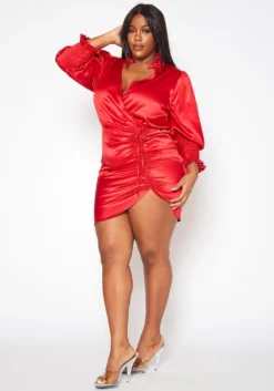 Plus Size Mandolin Collar Ruched Satin Mini Dress -Asoph Fashion Shop 2019685 110 2