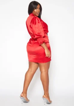 Plus Size Mandolin Collar Ruched Satin Mini Dress -Asoph Fashion Shop 2019685 110 3