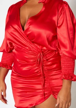 Plus Size Mandolin Collar Ruched Satin Mini Dress -Asoph Fashion Shop 2019685 110 4