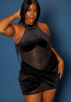 Plus Size Velvet Mesh Contrast Bodycon Mini Dress