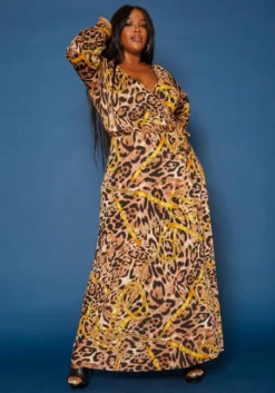 Plus Size Chainlink Leopard Print Fit & Flare Maxi Dress