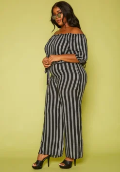 Plus Size Off Shoulder Stripe Jumpsuit -Asoph Fashion Shop 2019704 001 2